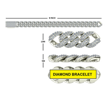 Men’s White Gold Miami Iced Bracelet 8 Inch 13 mm Diamond Link Style for Trendy Hip Hop Look Gurukrupa-Gems