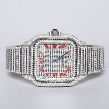 Moissanite diamond studded stainless steel watch with red Roman numerals exudes timeless elegance and style Gurukrupa-Gems