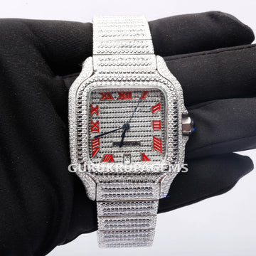 Moissanite diamond studded stainless steel watch with red Roman numerals exudes timeless elegance and style Gurukrupa-Gems