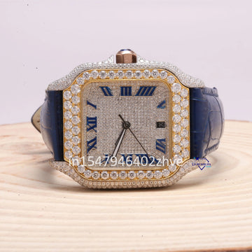 Moissanite diamond watch boasts a stylish design with blue leather strap and Roman numerals, Crafting a chic and fashionable timepiece