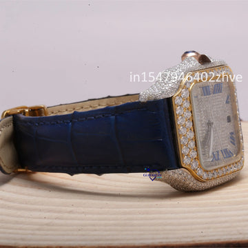 Moissanite diamond watch boasts a stylish design with blue leather strap and Roman numerals, Crafting a chic and fashionable timepiece