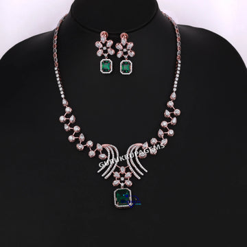 Rose Gold Diamond Necklace Set with Green Emerald Pendant Bridal Luxury Jewelry Gurukrupa-Gems
