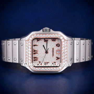 Two Tone Iced Out Diamond Watch with Multicolor Roman Numerical Dial and Custom Silver Rose Gold Color Bezel Watches (Copy) Gurukrupa-Gems