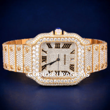 Rose Silver Moissanite Stainless Steel Iced Out Roman Numeral Dial Watch for Unisex Gurukrupa-Gems