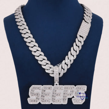 Round And Baguette Cut Diamond Pendant With Miami Chain In 14KT Gold Gurukrupa-Gems