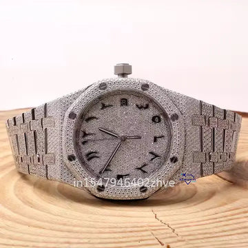 Stainless steel watch dazzles with fully iced out moissanite diamonds and bold Arabic numerals-Gurukrupa-Gems
