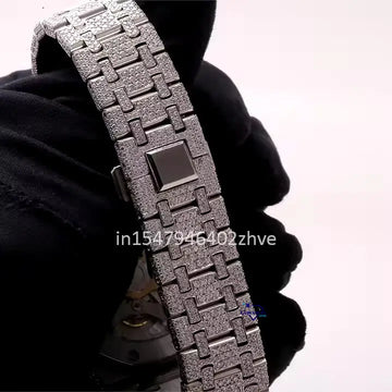 Stainless steel watch dazzles with fully iced out moissanite diamonds and bold Arabic numerals-Gurukrupa-Gems