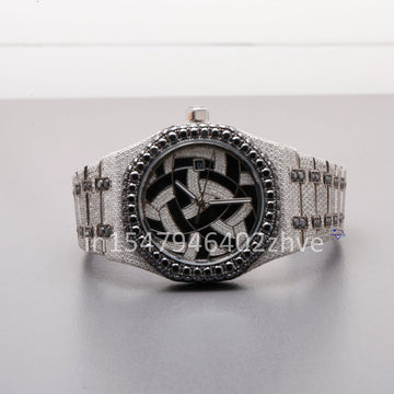 Stainless steel watch, fully iced out with flawless moissanite diamonds, is truly eye-catching