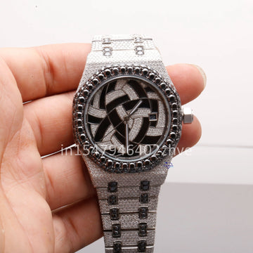 Stainless steel watch, fully iced out with flawless moissanite diamonds, is truly eye-catching