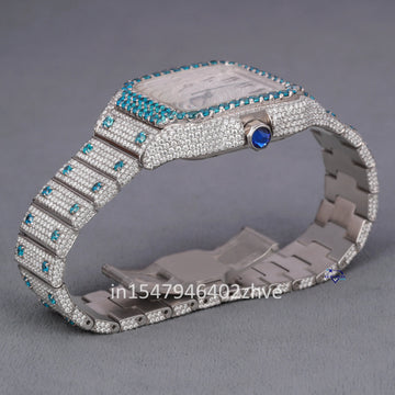 Stylish square dial blue diamond hip hop diamond watch-Gurukrupa-Gems