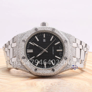 The half iced-out black dial stainless steel watch with moissanite diamond that grabs everyone's attention