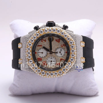 This rubber-strap watch with three dials inside is highly attractive, crafted with captivating moissanite diamonds