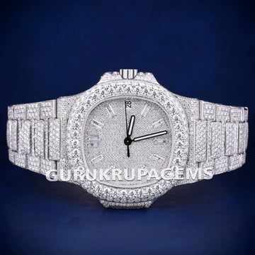 Two Tone Blue Dial Rose Gold Plated Watch Iced Out VVS Moissanite Diamond Luxury Dual Collection Gurukrupa-Gems