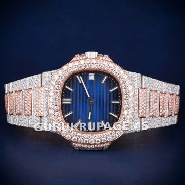 Two Tone Rose & Silver Fully Iced Out Diamond Watch with Roman Dial VVS Clarity Gurukrupa-Gems