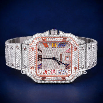 Iced Out Skeleton Two Tone Rose Gold Color Dial Customized Silver VVS Diamond Hip Hop Skeleton Watches for Men Gurukrupa-Gems