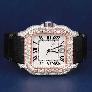 Two Tone Rose & Silver Fully Iced Out Diamond Watch with Roman Dial VVS Clarity Gurukrupa-Gems