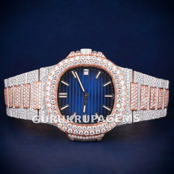 Two Tone Rose & Silver Fully Iced Out Diamond Watch with Roman Dial VVS Clarity Gurukrupa-Gems