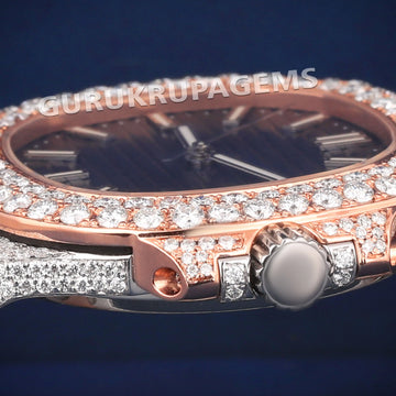 Two Tone Rose & Silver Fully Iced Out Diamond Watch with Roman Dial VVS Clarity Gurukrupa-Gems