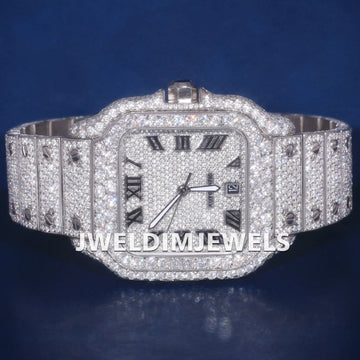 Two Tone Rose & Silver Fully Iced Out Diamond Watch with Roman Dial VVS Clarity Gurukrupa-Gems
