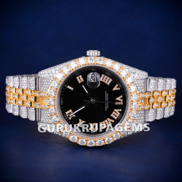 Fully Iced Out Diamond Dial Two Tone Silver and Rose Gold Plated Bezel Jubilee Bracelet Belt Custom Unisex Luxury Watches Gurukrupa-Gems