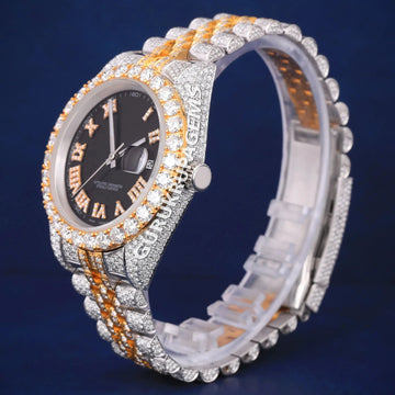 Fully Iced Out Diamond Dial Two Tone Silver and Rose Gold Plated Bezel Jubilee Bracelet Belt Custom Unisex Luxury Watches Gurukrupa-Gems