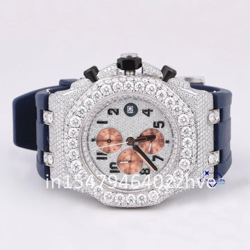 Unique chronograph style blue belt diamond watch