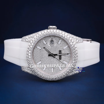 Womens 36 mm diamond watch customized white rubber belt Gurukrupa-Gems