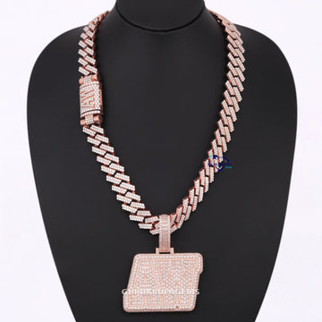 hand made lab round and baguette cut diamond custom chain pendant in 14kt rose gold Gurukrupa-Gems