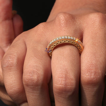 Lab created meticulously precise designer wedding engagement band in 14 kt gold with vvs clarity diamonds